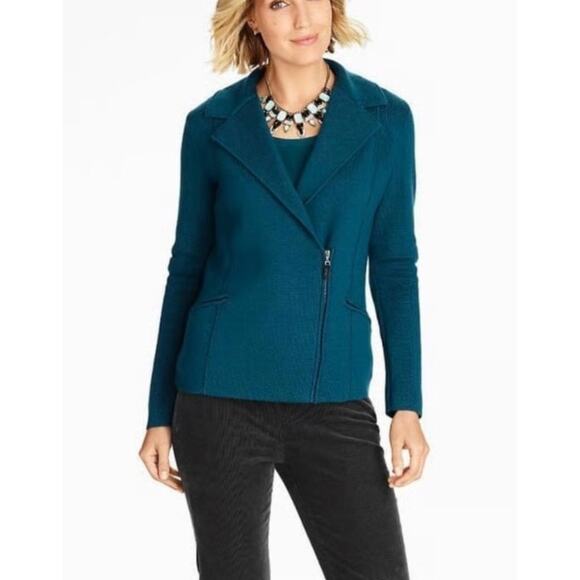 Talbots Milano 100% Merino Wool Moto Zip Jacket Teal Blue Sweater Blazer Women M - Picture 2 of 7